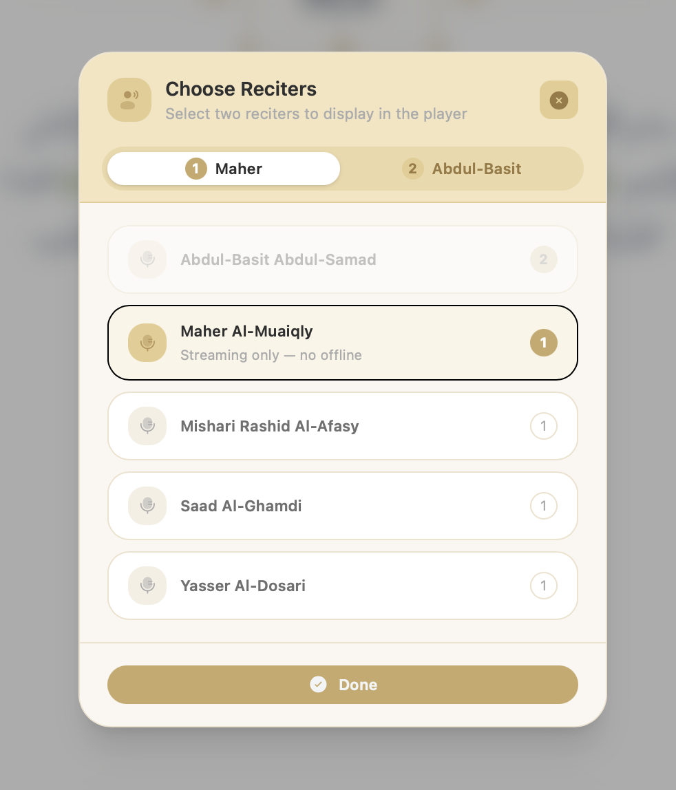 ReciterSelectDialog showing two slots